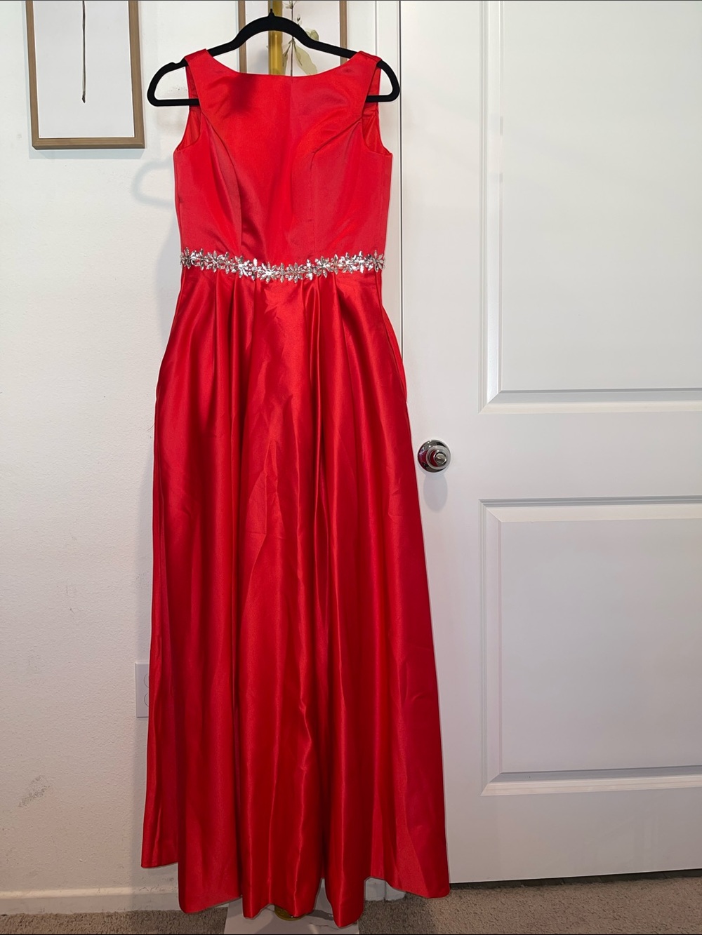 Red Satin Sleeveless Evening Gown with Crystal Waist